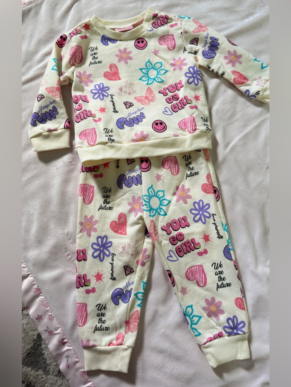 Cream Floral & Graphic Kids Pajama Set - Pink, Purple & Teal